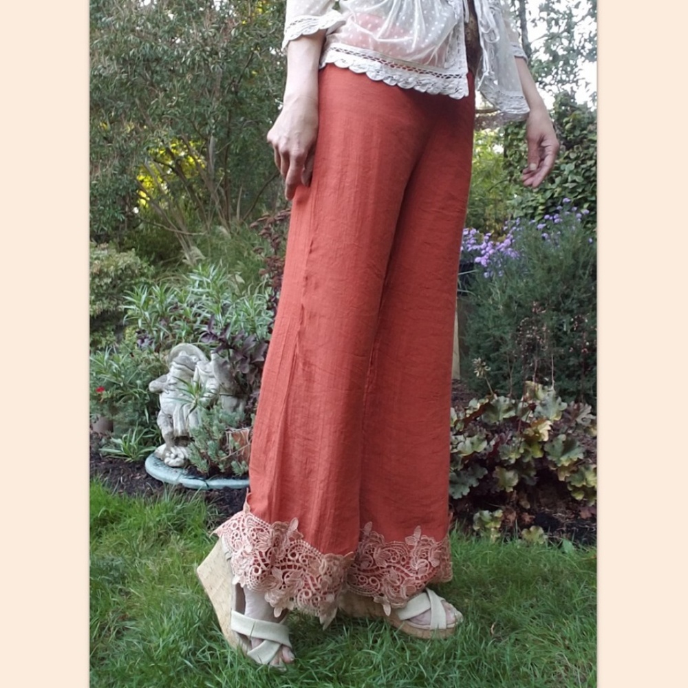 Linen Wide Leg Pants Embellished Cuff Rust NWT